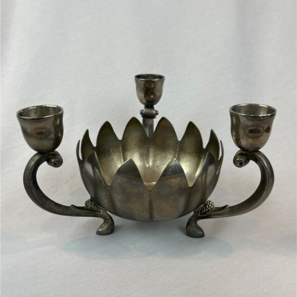 Vintage Silver Plated Lotus Flower Bowl 3-Candle Holder - Picture 2 of 12
